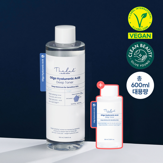 500ml bottle of The Lab By Blanc Du Oligo Hyaluronic Acid Deep Toner with bonus 100ml, a K-Beauty skincare product designed to hydrate and refresh the skin.