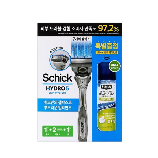 Alt text: Schick Hydro 5 Skin Protect Set featuring a sleek handle, two replacement cartridges, and shaving foam, ideal for men's grooming and skincare.