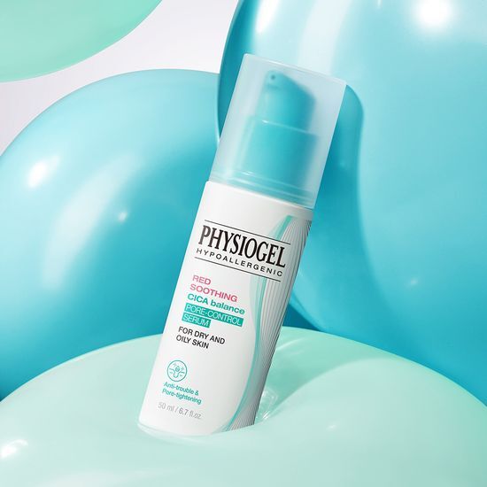 Alt text: Physiogel Red Soothing Cica Balance Pore Control Serum 50ml - A soothing skincare essence designed to balance pores, ideal for K-Beauty enthusiasts.