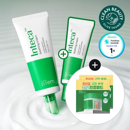 Makeprem Inteka Soothing Cream 70ml Set with additional 31ml cream and 2 pads, perfect for K-Beauty skincare routine.