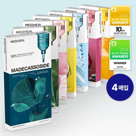 Four sheets of Mediheal Essential Mask Pack featuring Madecassoside for skin repair, part of K-Beauty skincare collection.
