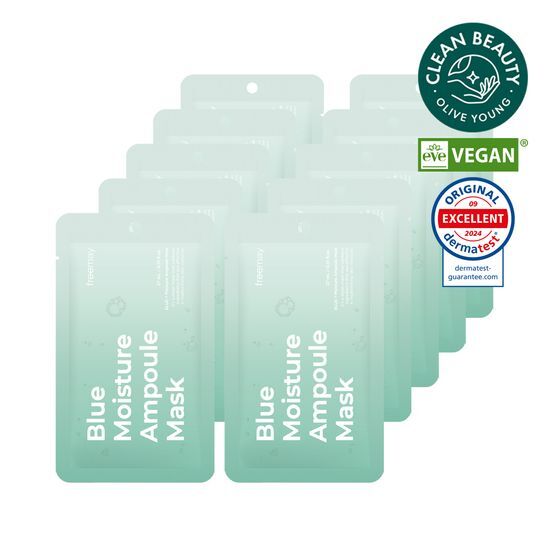 Prime A Blue Moisture Ampoule Mask pack containing 10 sheets for hydrating skincare, part of K-Beauty collection by PRETTY FREAK.