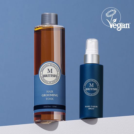 British M Hair Grooming Tonic 320ml Set with Hard Spray 80ml - Men's beauty styling products for optimal hair care.