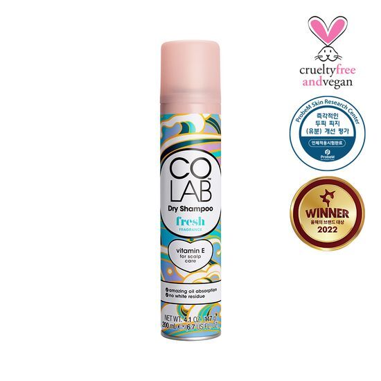 Colab Dry Shampoo Fresh 200ml bottle with a refreshing lemon and neroli scent, perfect for quick hair care and styling.