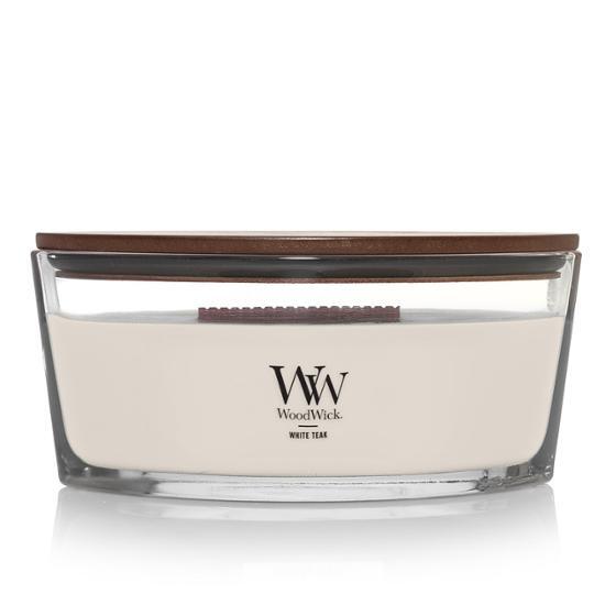 Woodwick Ellipse Candle in White Tick, 453g - A soothing fragrance candle perfect for enhancing ambiance; ideal for personal care and relaxation.