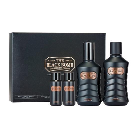 Set of The Face Shop The Black Balm skincare products including 140ml Skin, 130ml Lotion, 32ml Skin, and 32ml Lotion, designed for moisturizing and enhancing skin health.