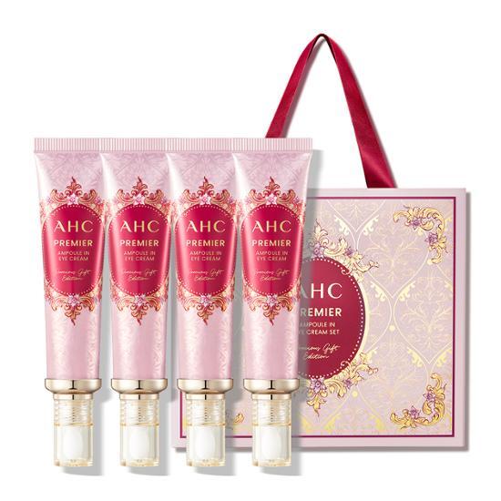 AHC Premier Ampoule Eye Cream Gift Set featuring four 40ml jars, ideal for skincare enthusiasts seeking K-Beauty moisturizers.