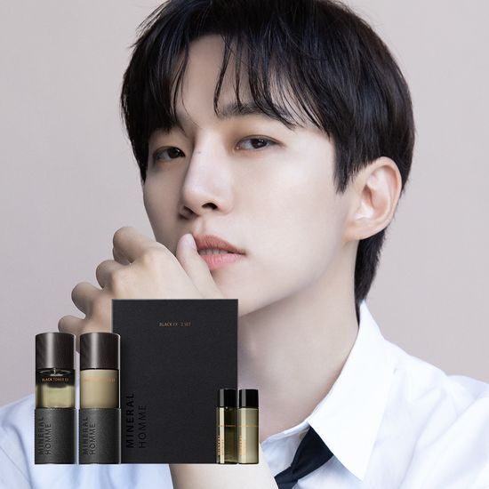 Two-piece skincare set from The Saem, featuring Mineral Homme Black EX for moisturization and revitalization, ideal for K-Beauty enthusiasts.