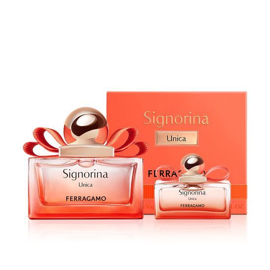 Salvatore Ferragamo Signorina Unica EDP 30ml fragrance set with a 5ml miniature, elegantly packaged for a luxurious beauty experience.
