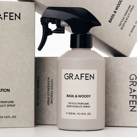 Graphene Tattoo Perfume Body & Multi Spray 300ml by Nisville, featuring a musk scent, designed for men's beauty and personal care.