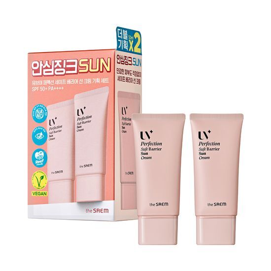 Two 50ml bottles of The Saem UV Perfection Safe Barrier Sunscreen Double Set, ideal for K-Beauty sun care.