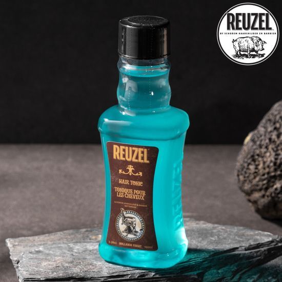 Riozel Hair Tonic 3.38oz/100ml - Men's beauty styling product for healthy hair care, featuring Reuzel and K-Beauty elements.