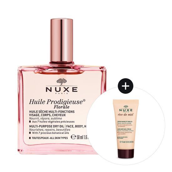 Alt text: Nuxe Huile Prodigieuse Multi-Purpose Floral Oil 50ml with Hand and Nail Cream 15ml, showcasing a luxurious skincare set for radiant skin and nails.