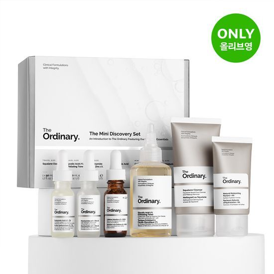 Mini Discovery Set by The Ordinary featuring toner, serum, cleanser, and cream in a 6-piece skincare collection.