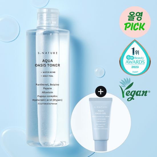 Snature Aqua Oasis Toner 300ml Set with Gel Cream 30ml - K-Beauty skincare essentials for hydration and rejuvenation.