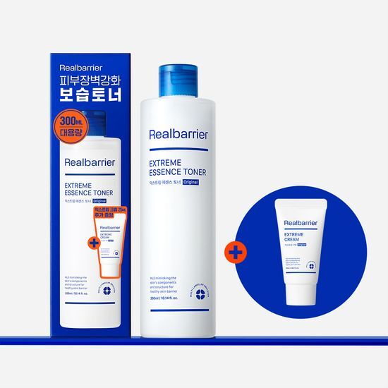 Real Barrier Extreme Essence Toner 300ml Set with Extreme Cream 25ml for K-Beauty skincare, featuring hydrating toners and creams for personal care.