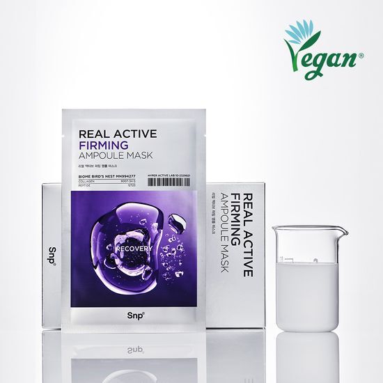 Package of SNP Real Active Firming Ampoule Mask containing 10 sheets, a K-Beauty skincare product designed for firming and rejuvenating the skin.