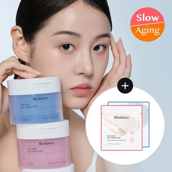 Alt text: BioDance Gel Toner Pads - 60 sheets plus 4 free, infused with collagen and seranol for skincare, ideal for K-Beauty routines.