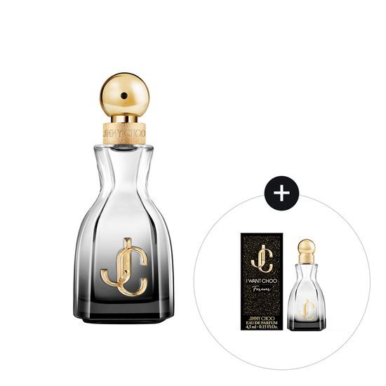 Jimmy Choo I Want Choo Forever EDP 40ml Set with I Want Choo Le Parfum 4.5ml Mini, luxury fragrance gift set for women.