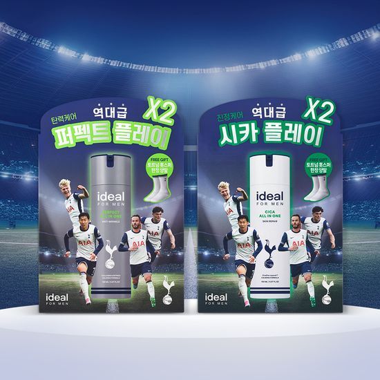 All-in-One skincare product for men from Ideal for Men featuring Tottenham collaboration, promoting K-Beauty with moisturizing benefits.