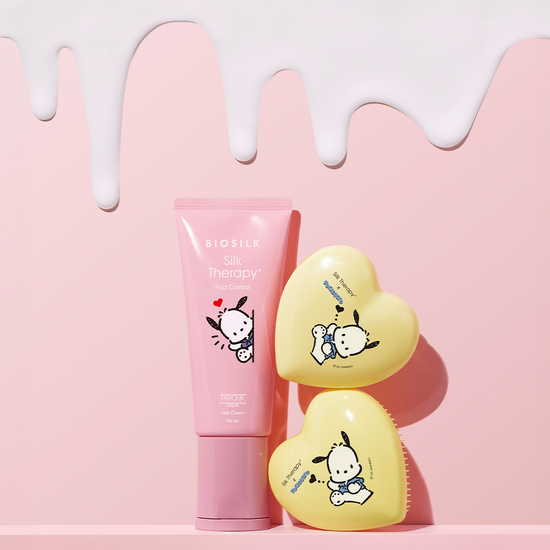 Silk Therapy Frizz Control Hair Cream 150ml from Pochaco Collaboration, featuring a limited edition design and heart brush included, perfect for K-Beauty enthusiasts.