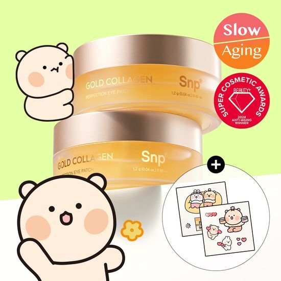 Alt text: SNP x Yumi's Gold Collagen Perfecting Eye Patches Double Set featuring 120 patches and a bear sticker, ideal for skincare enthusiasts seeking K-Beauty solutions.