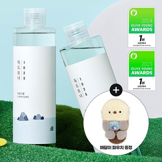 Round Lab 1025 Dokdo Toner 300ml 1+1 Set with Camellia Seed Serum 1.5ml and Sea Otter Pouch - K-Beauty Skincare Product