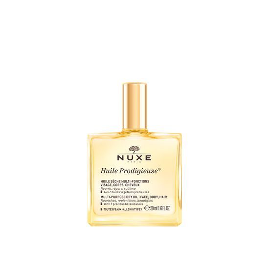 50ml bottle of Nuxe Huile Prodigieuse Multi-Purpose Dry Oil, a versatile skincare product for nourishing skin and hair, showcased against a clean background.