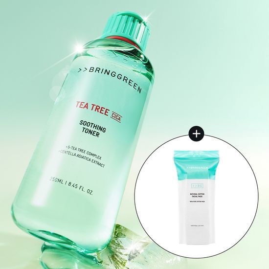 Alt text: Bring Green Tea Tree Cica Soothing Toner 500ml with 60 cotton pads gift, a skincare essential from K-Beauty for soothing and refreshing skin.