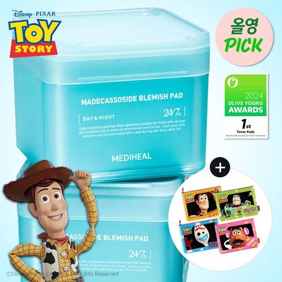 100 sheets of Mediheal Madecassoside Spot Pads in Toy Story Edition, a K-Beauty skincare product designed for targeted treatment.