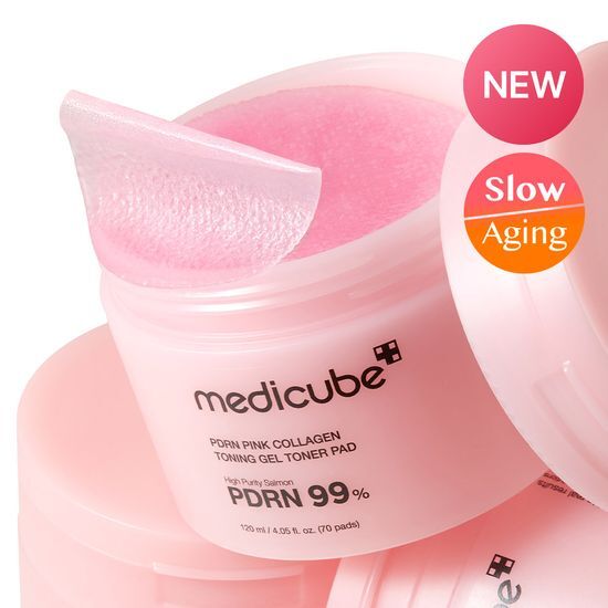 70 sheets of MediCube PDRN Pink Collagen Gel Toner Pads, a K-Beauty skincare product designed to hydrate and rejuvenate the skin.