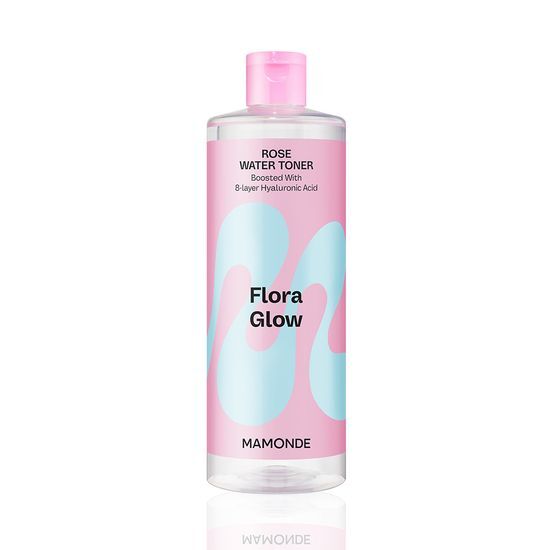 500ml Mamonde Flora Glow Rose Water Toner bottle with a floral design, ideal for K-Beauty skincare routines.