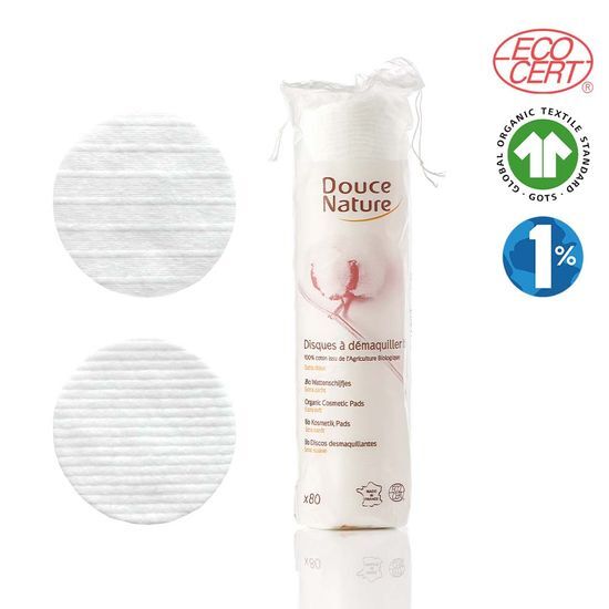 80 sheets of DUSNATUR Organic 100% Cotton Round Cotton Pads, perfect for skincare and beauty routines, featuring eco-friendly materials.