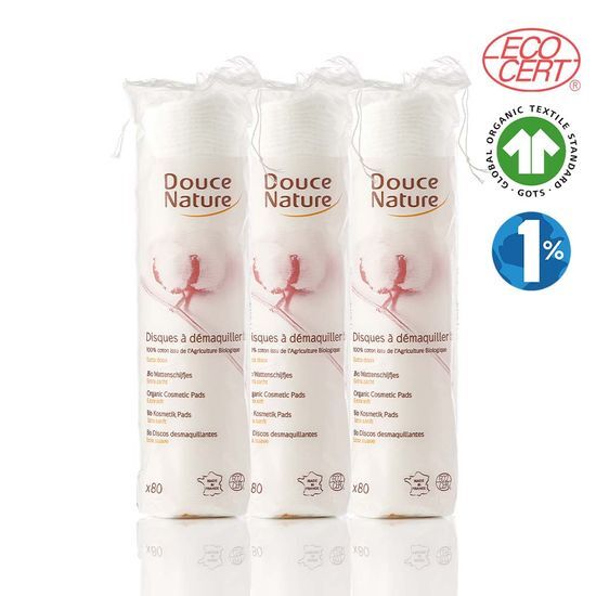 Three packs of DUSNATUR Organic 100% Cotton Round Makeup Pads, featuring 80 sheets each, ideal for skincare and beauty routines.