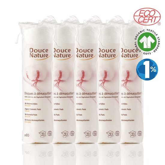 Pack of 5 DUSNATURE Organic 100% Cotton Round Makeup Pads, featuring 80 sheets each, ideal for skincare and beauty routines.