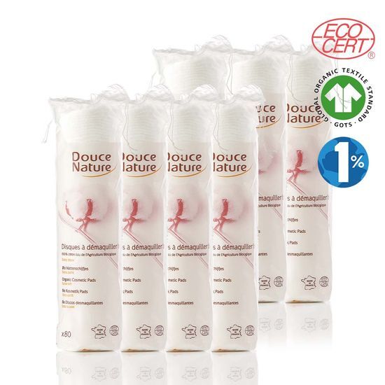 Alt text: DUSNATUR Organic 100% Cotton Round Makeup Pads - 80 sheets per pack, 7 packs total, perfect for skincare and beauty routines.