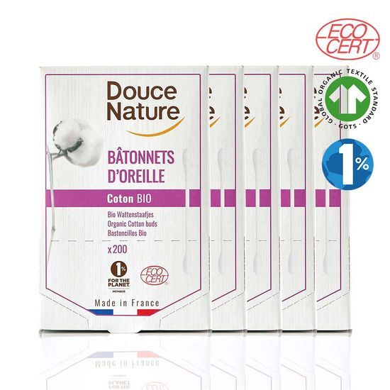 Pack of DUSNATUR Organic 100% Cotton Swabs, featuring 200 swabs per pack in five eco-friendly packs, designed for beauty and skincare applications.