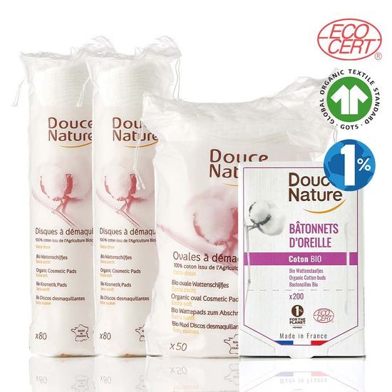 Organic cotton pad and swab set by Dousnature France, featuring two packs of round pads (80 sheets each), one pack of oval pads (50 sheets), and 200 cotton swabs, perfect for skincare and beauty routines.