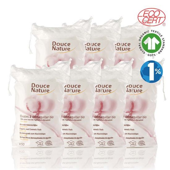 Pack of 7 DusnaTour Organic 100% Cotton Oval Cleansing Pads, featuring 50 sheets each, perfect for makeup removal and skincare routines.