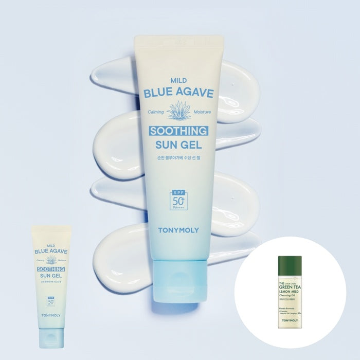 Gentle Blue Agave Soothing Sun Gel + Moisturizing Green Tea Oil 20ml Gift by Tony Moly - Available at allkpopmag. Price: $19.75.