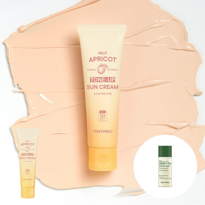 Gentle Apricot Tone-Up Sunscreen + Free 20ml Moist Green Tea Oil by Tony Moly - Available at allkpopmag. Price: $19.75.