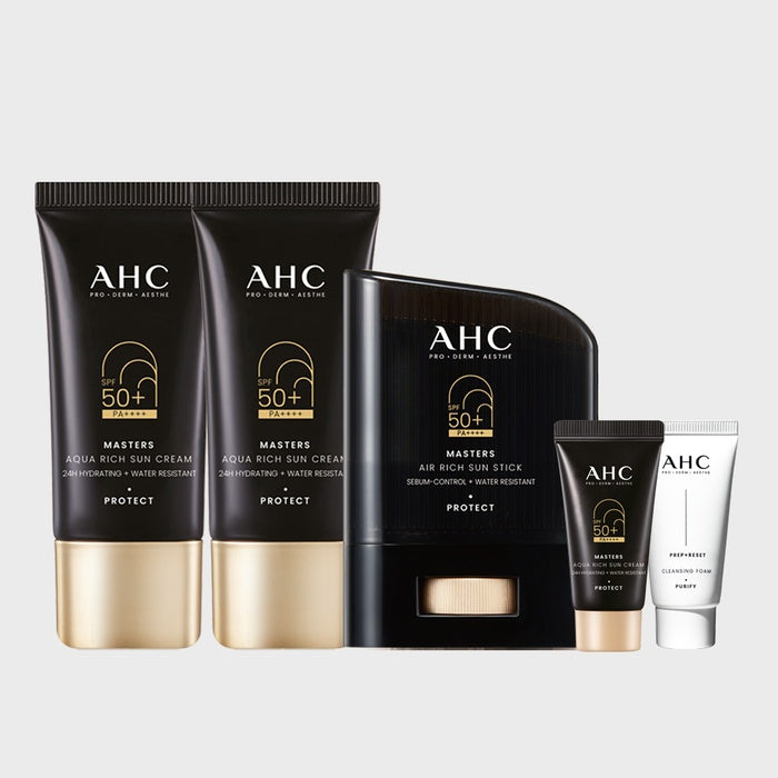 Masters Aqua Rich Sunscreen Duo Set + Airy Rich Sunscreen Stick 14g + (GIFT) Sunscreen 10ml + Cleansing Foam 30ml by AHC - Available at allkpopmag. Price: $37.86.