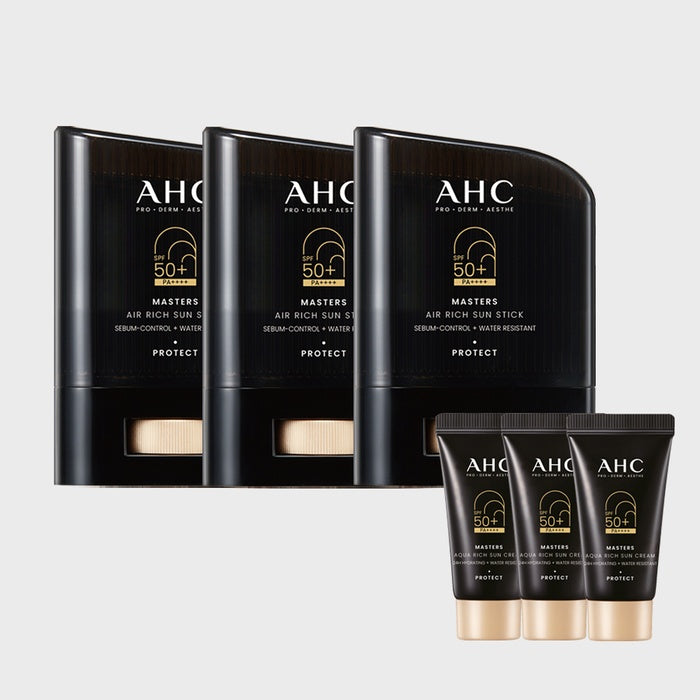 AHC Masters Airy Rich Sun Stick 14g x 3 + (GIFT) Sunscreen 10ml x 3 by AHC - Available at allkpopmag. Price: $52.79.