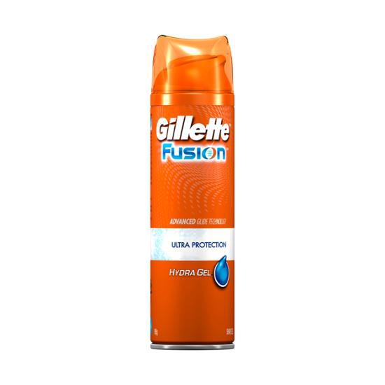 Alt text: Gillette Fusion HydraGel Ultra Protection 200ml for a close shave, designed for men's grooming and skincare.