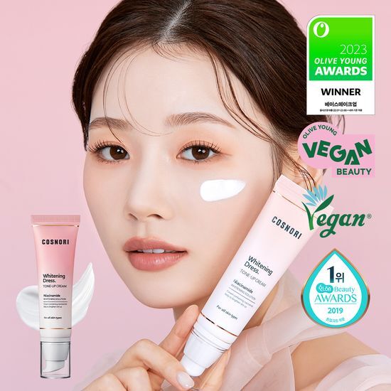 Cosnori Whitening Dress Vegan Tone-Up Cream in a sleek jar, designed for brightening and enhancing skin tone.