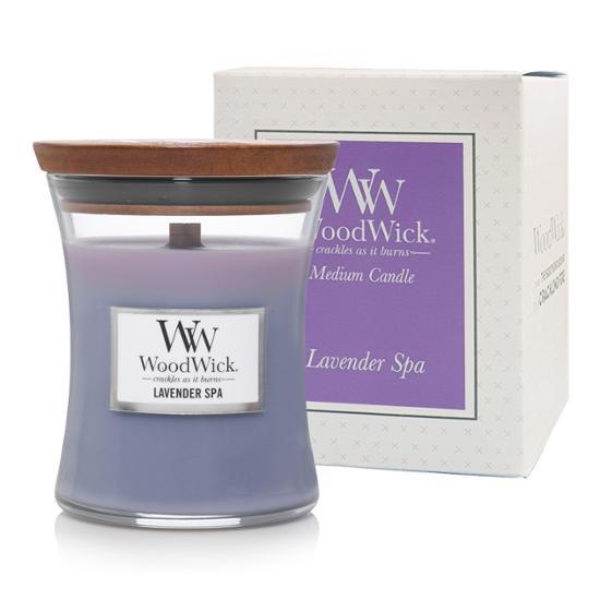 Woodwick Medium Candle in Lavender Spa scent, 275g, perfect for creating a calming atmosphere in personal care and beauty routines.