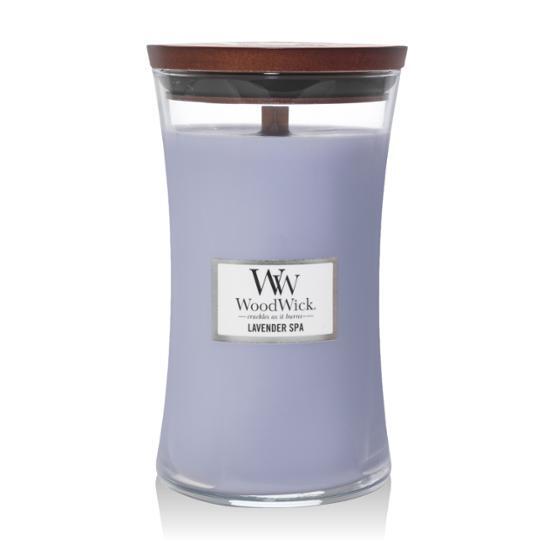 Woodwick Large Candle in Lavender Spa scent, 609g - a soothing fragrance for personal care and relaxation.