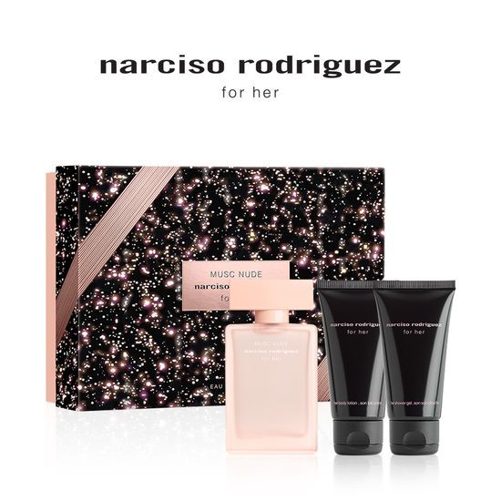 Gift set featuring Narciso Rodriguez For Her Musk Nude Eau de Parfum 50ml, accompanied by 50ml shower gel and body lotion, elegantly packaged for a luxurious fragrance experience.