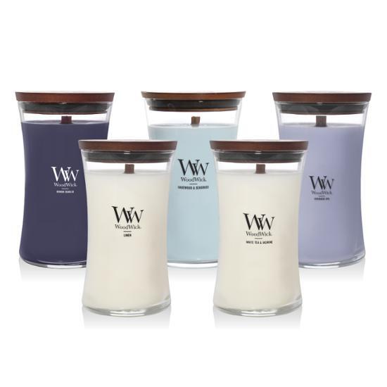 Woodwick Large Candle 609g available in five soothing scents, perfect for enhancing your space with fragrance.