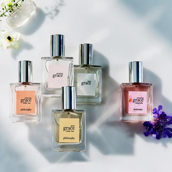 Philosophy EDT 15ml Best 5 Set featuring Pure Grace fragrance, showcasing a collection of elegant perfume bottles for a refreshing scent experience.